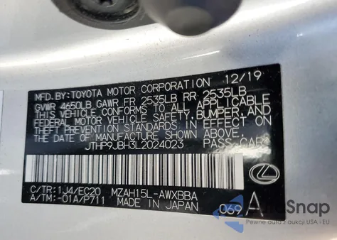 2020 Lexus Ux 250H из США, поврежденный, VIN JTHP9JBH3L2024023